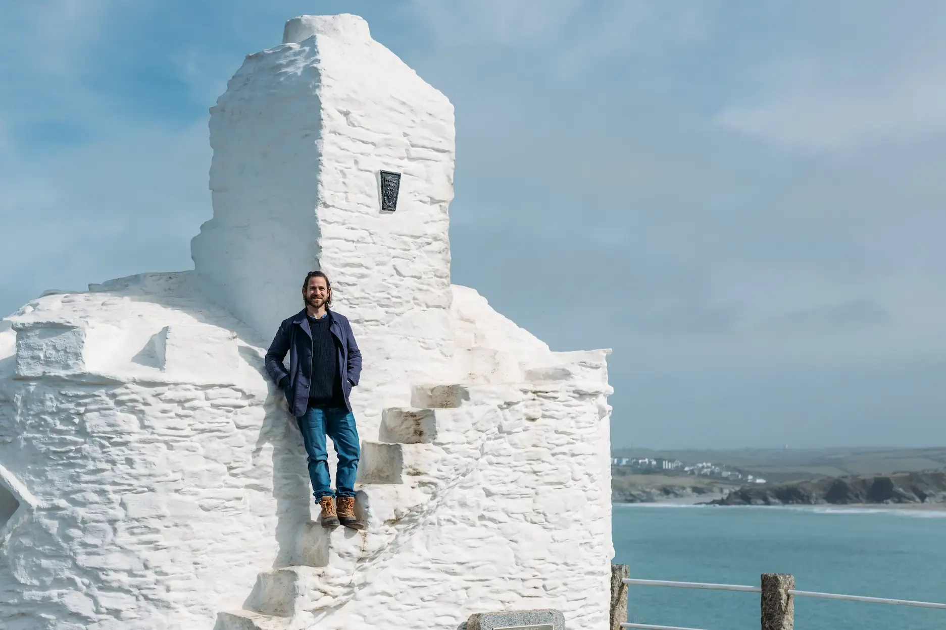 James Strawbridge at the Huer's Hut in Newquay during filming of the Forgotten Cornwall pilchard episode for History Hit