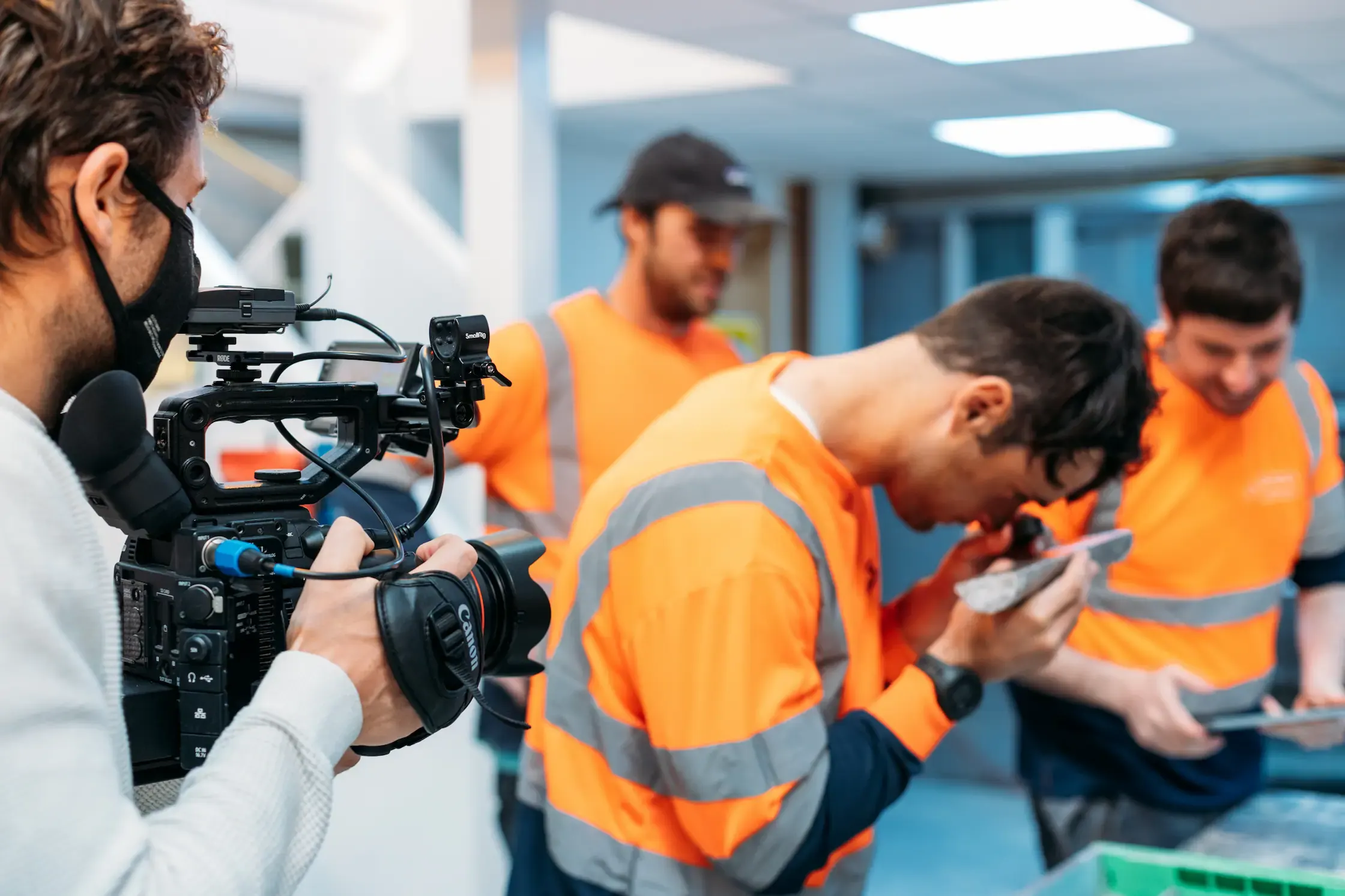 Filmmaker Grant Batty filming the British Lithium team with a Canon cinema camera, filmed by PixelRain for the CIOS LEP G7 Cornwall sector films