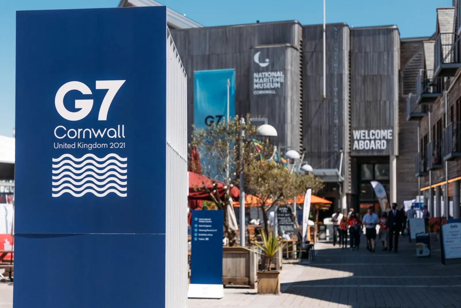 G7 Cornwall United Kingdom 2021 signage at Events Square in Falmouth with the National Maritime Museum Cornwall in the background during the G7 Summit