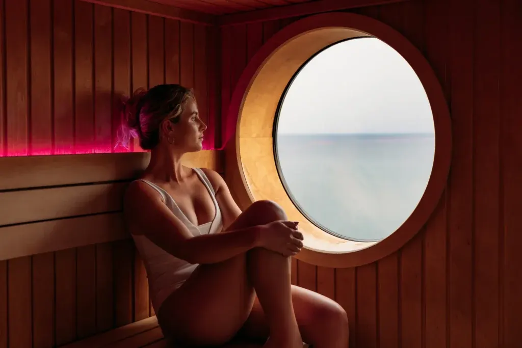 Guest relaxing in the sauna at C Bay Spa with the sea visible through a porthole