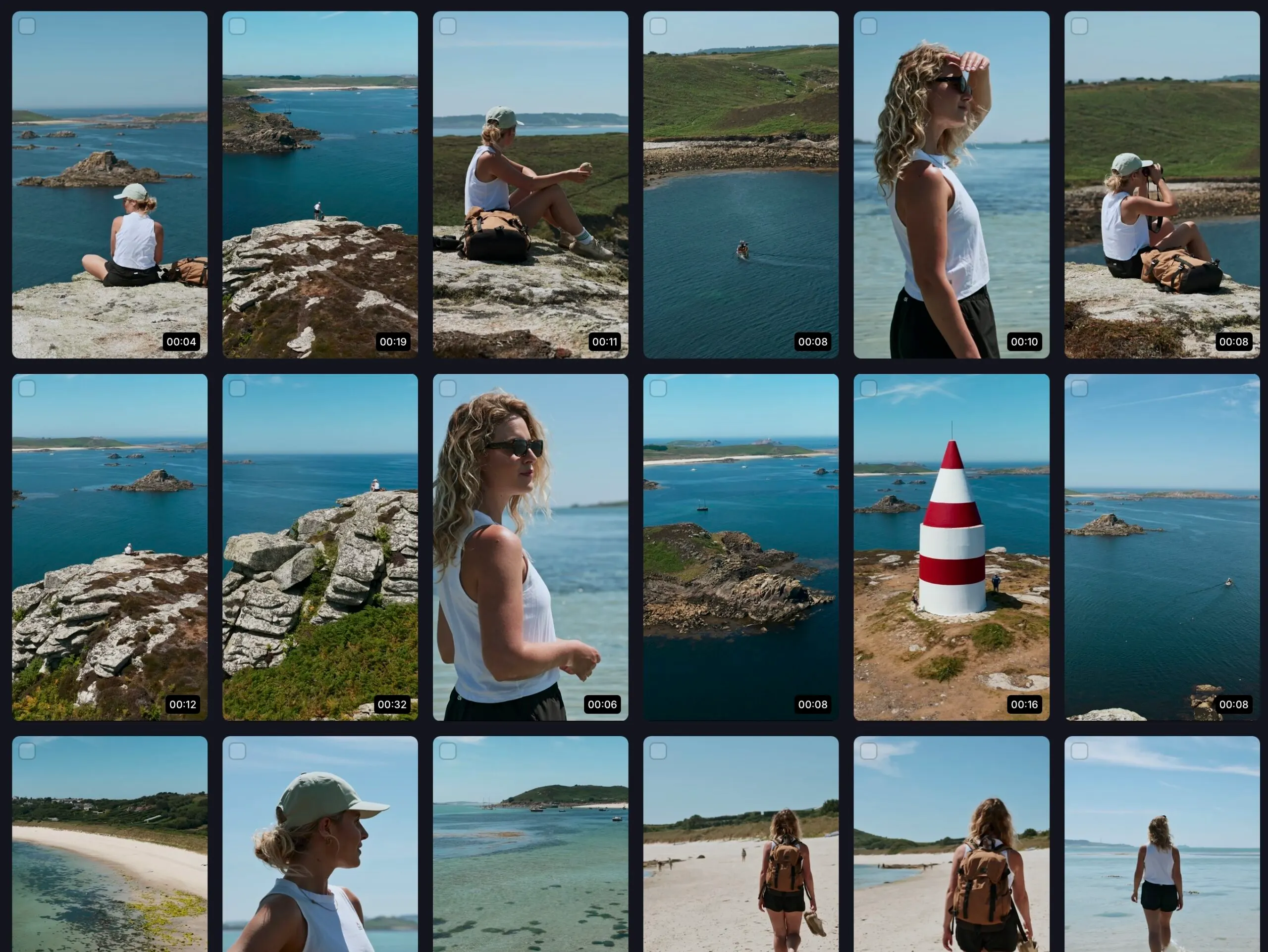 An Isles of Scilly Travel Content Library displayed as a grid of ready-to-use clips