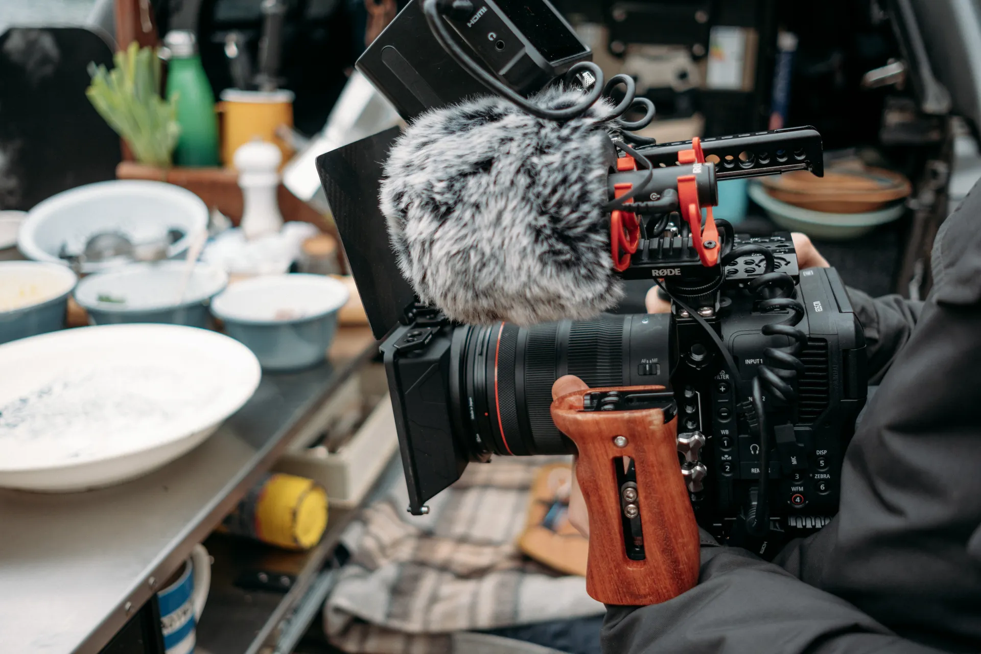 Cinema camera rig filming an outdoor kitchen on the James Strawbridge Ford and ARB production