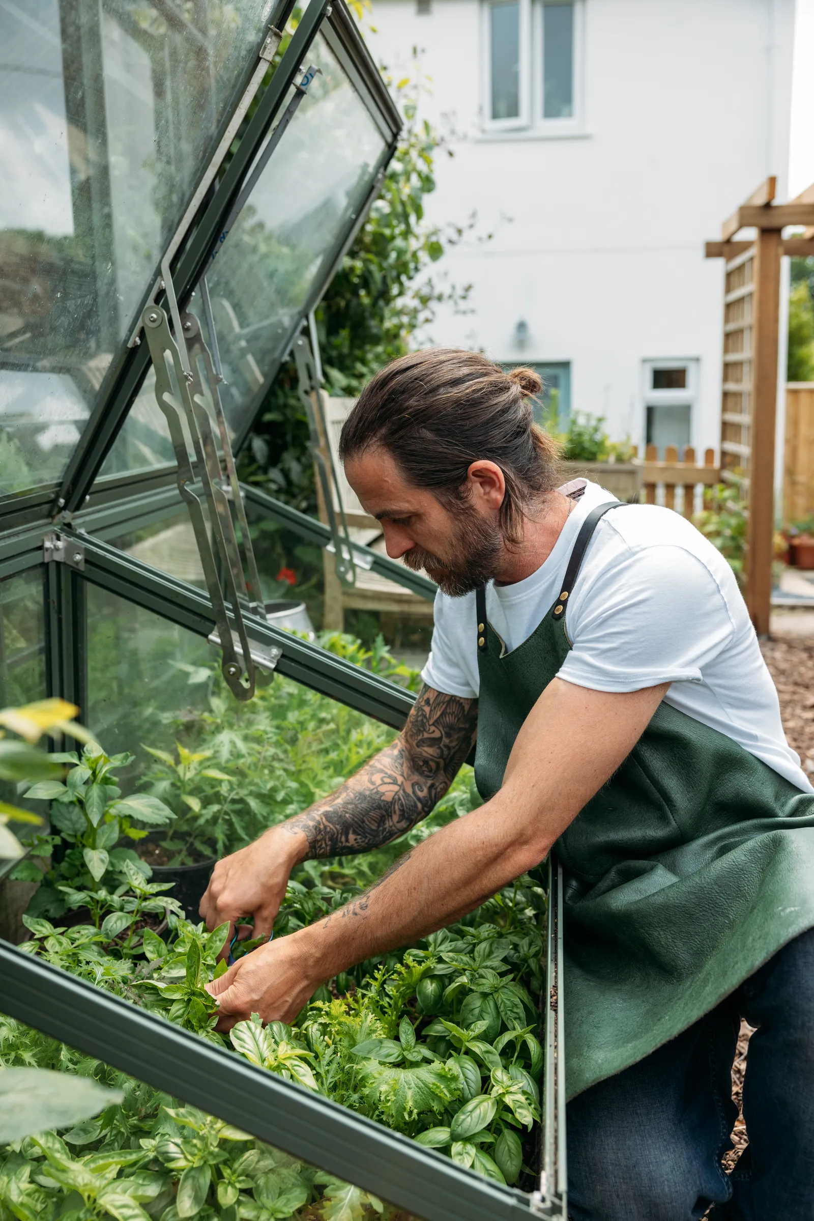 James Strawbridge picking fresh herbs in Cornwall during a Marine Stewardship Council sustainable seafood recipe shoot.