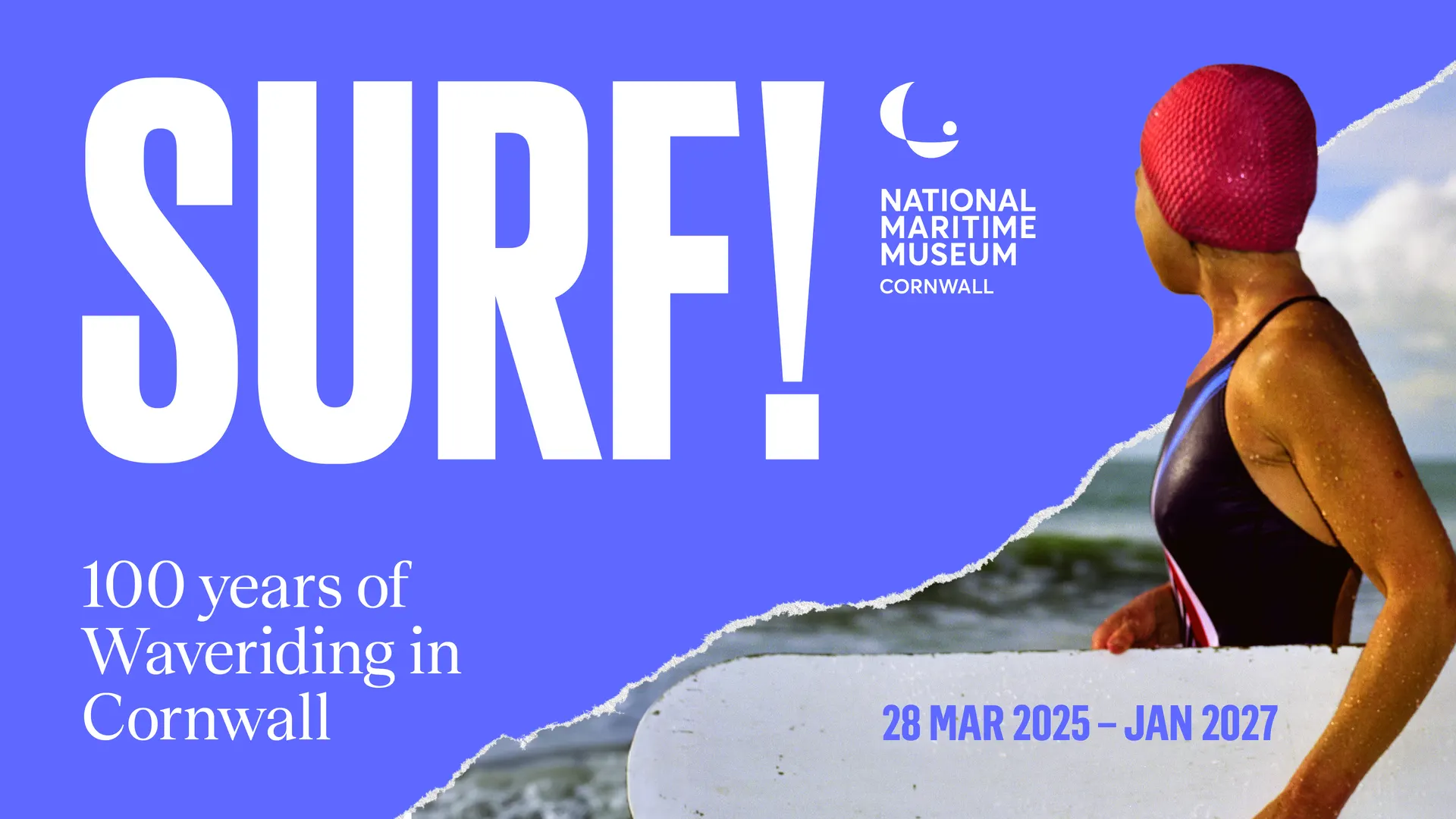 SURF! exhibition artwork for National Maritime Museum Cornwall, showing a swimmer in a red cap beside the title 100 years of waveriding in Cornwall