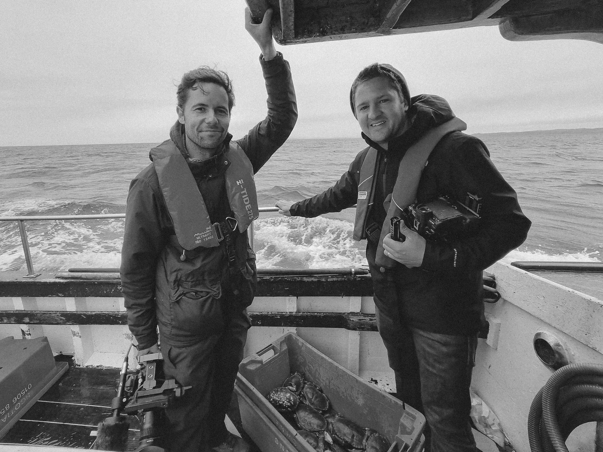 Rich and Grant filming for the Marine Stewardship Council aboard a fishing boat in Shetland