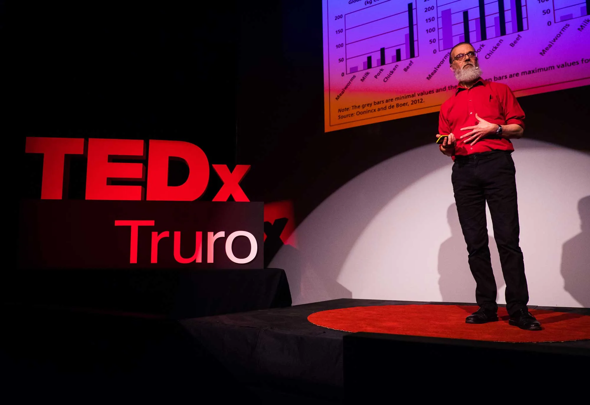 A speaker on stage at TEDxTruro 2017 Breaking Barriers