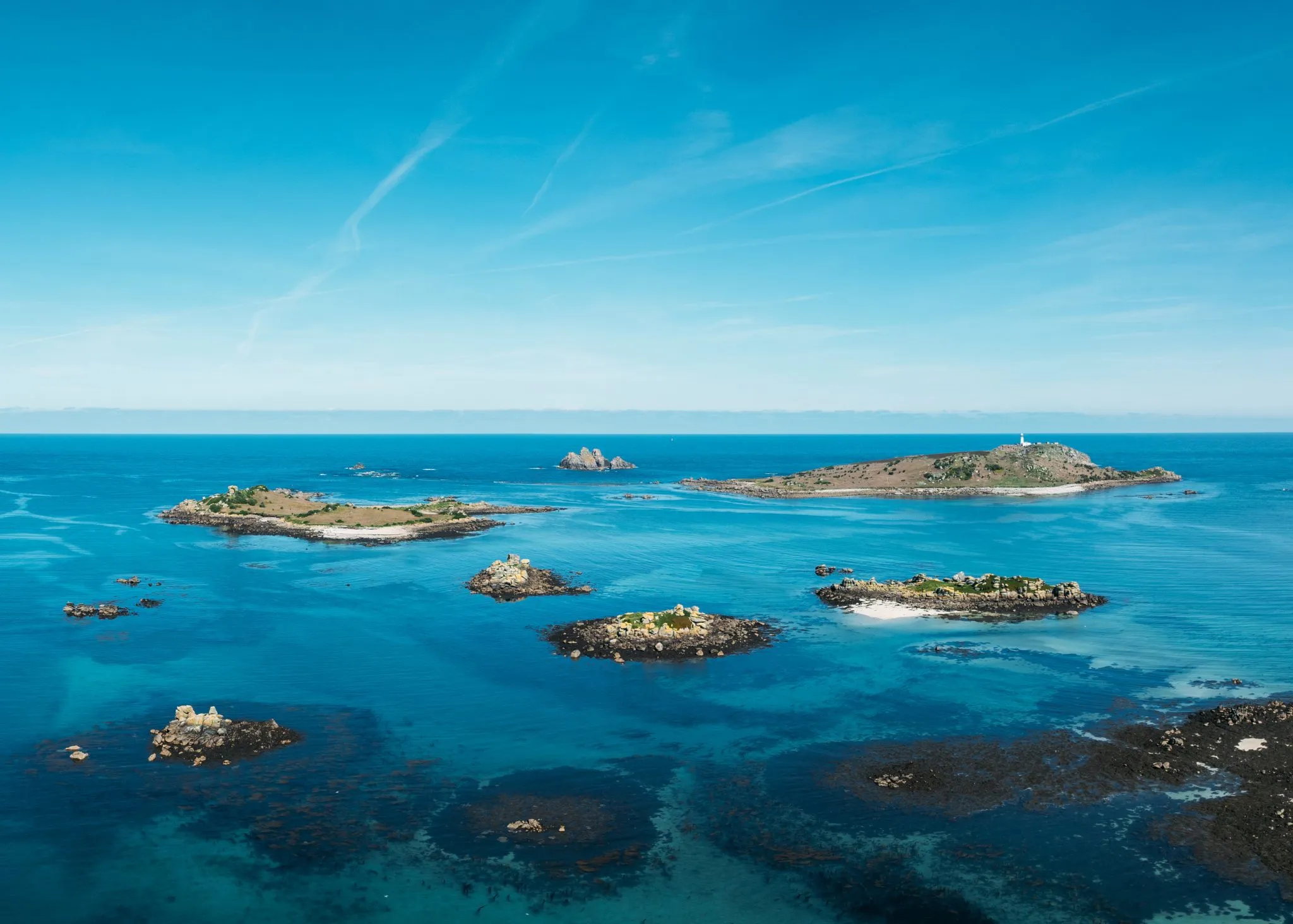 Aerial view of Tresco and Bryher in the Isles of Scilly